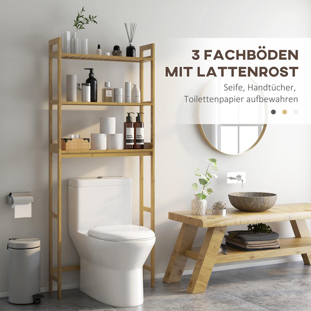 Bathroom shelf bath shelf toilet shelf, 3 shelves, water-resistant, 68 cm x 20 cm x 165 cm, natural