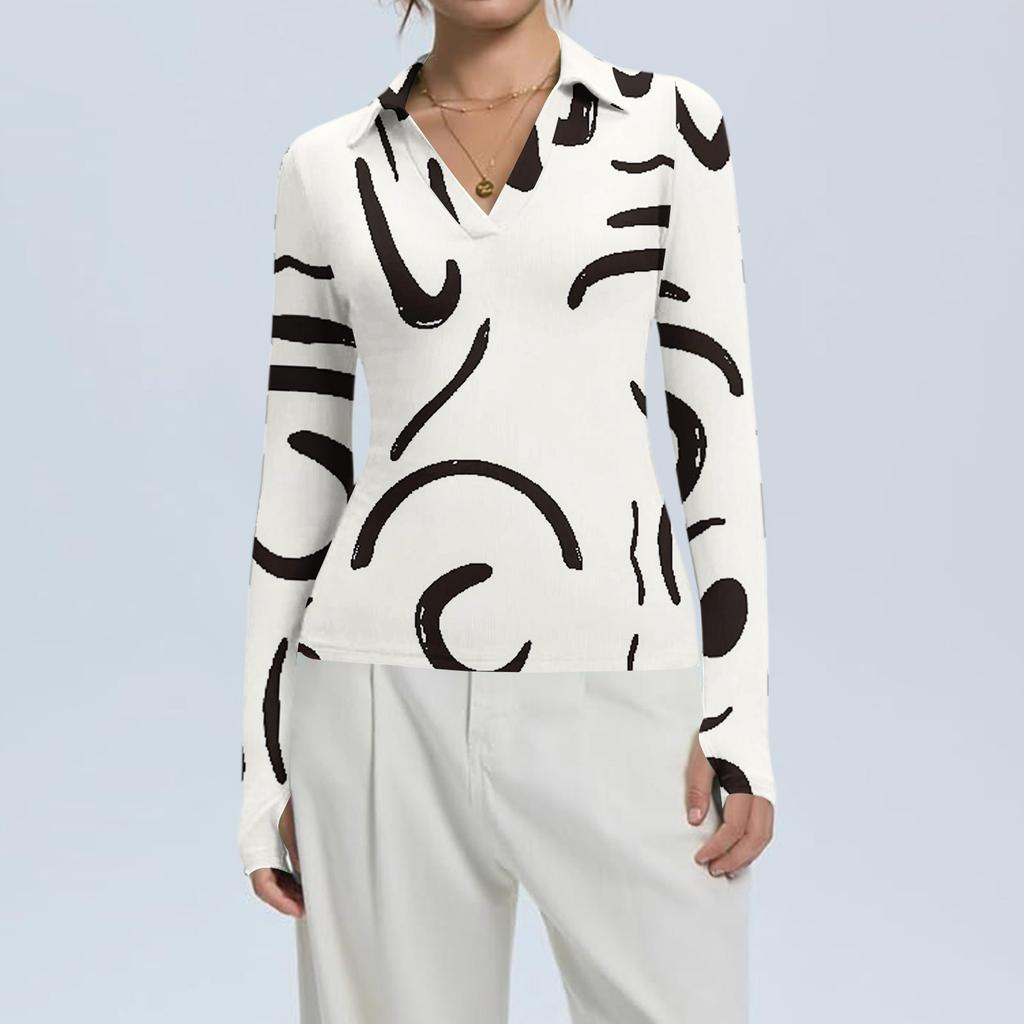 Women's Fashion Casual Print V-Neck Long Sleeve Button-Down Top