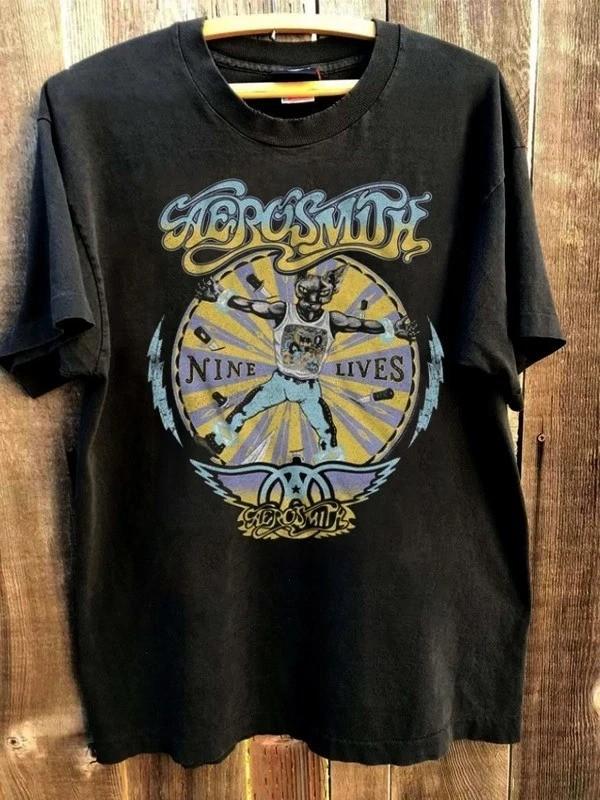 Vtg Aerosmith band Nine Lives 90s Black Short Sleeve T shirt Reprint XXL