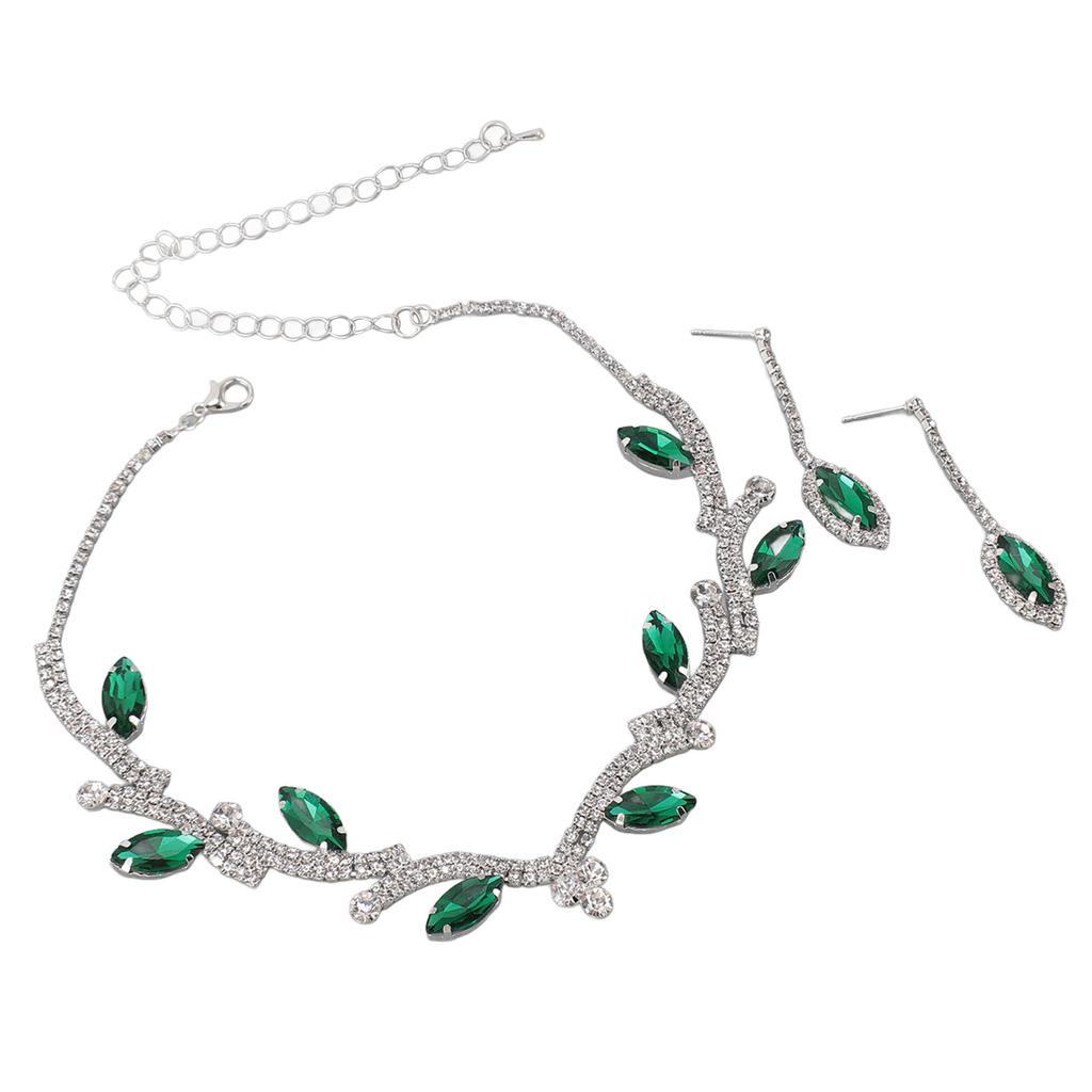 Damen Halskette Ohrring Set Strass Blätter Braut Hochzeit Schmuckset für Geburtstagsfeier Grün und Weiß K