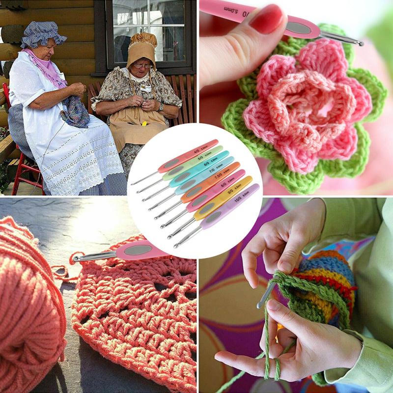 8pcs Colorful Crochet Hook Set Marked With Number Aluminum Alloy Ergonomic Design Knitting Needle