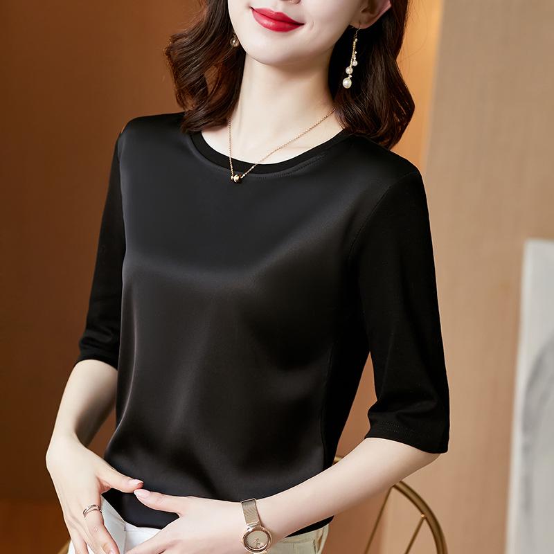 Seven-Sleeve Women's Satin Acetate T-Shirt - Spring 2025 Collection, Modal Round Neck, Fashionable and Versatile.