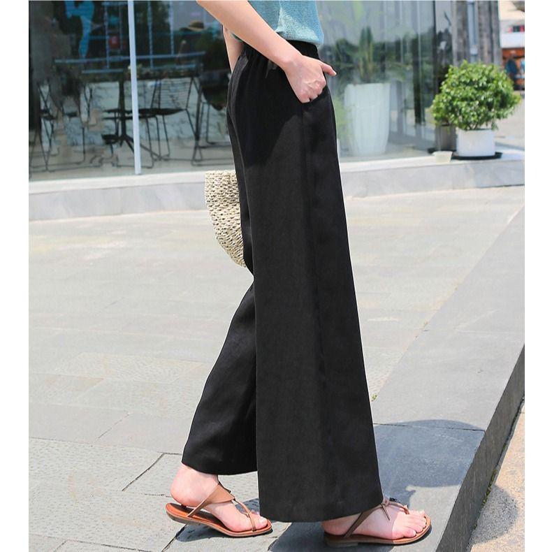 Linen Wide-Leg High-Waist Summer Pants for Women: Casual, Loose-Fit Drape Style