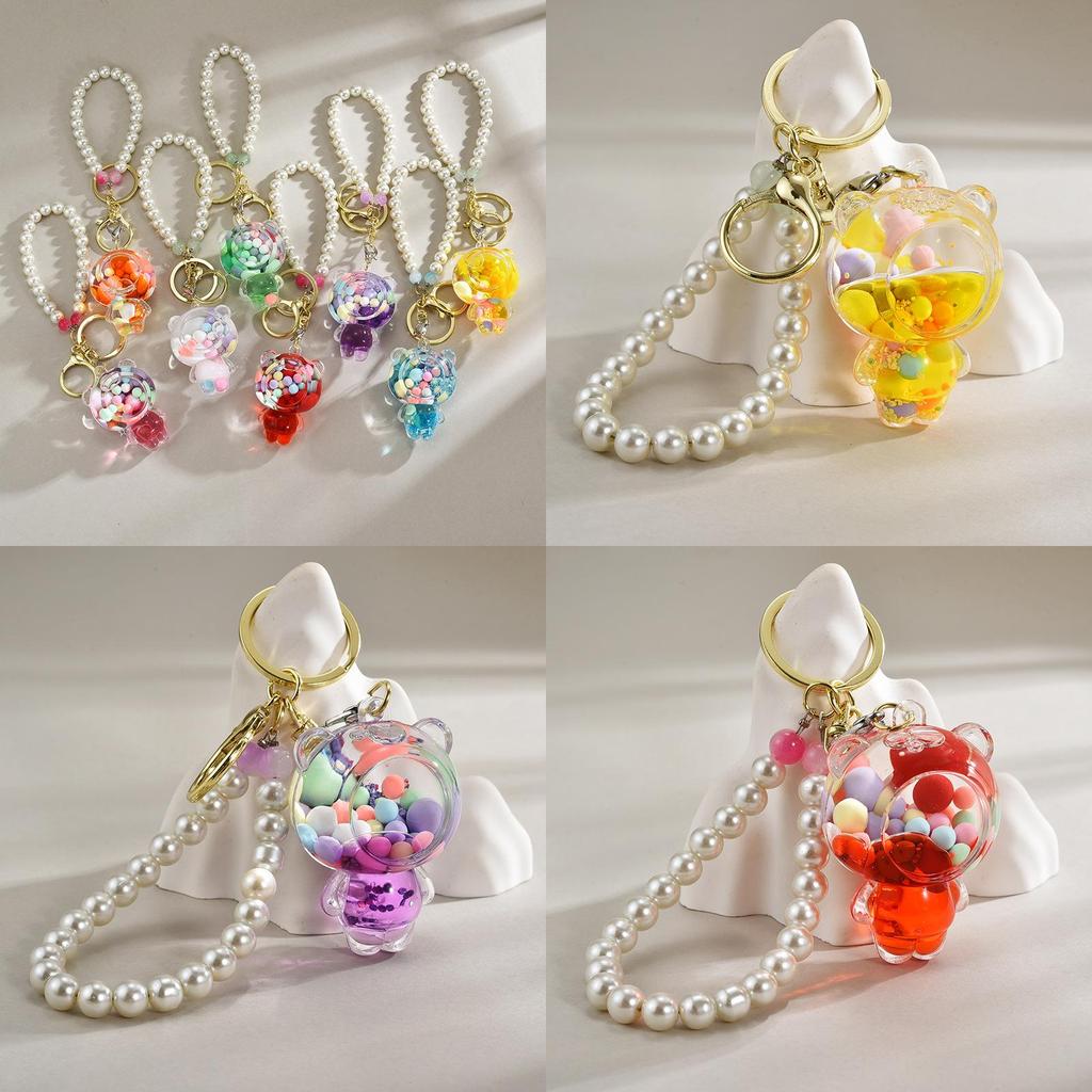 Acrylic Colorful Bead Bear Keyring With Pearl Chain For Children Gift And Celebration