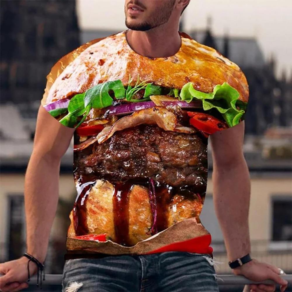 Lustige T-Shirts Hamburger Essen 3D-Druck Streetwear Herrenmode Übergroß Kurzarm T-Shirt Tees Tops Herrenbekleidung