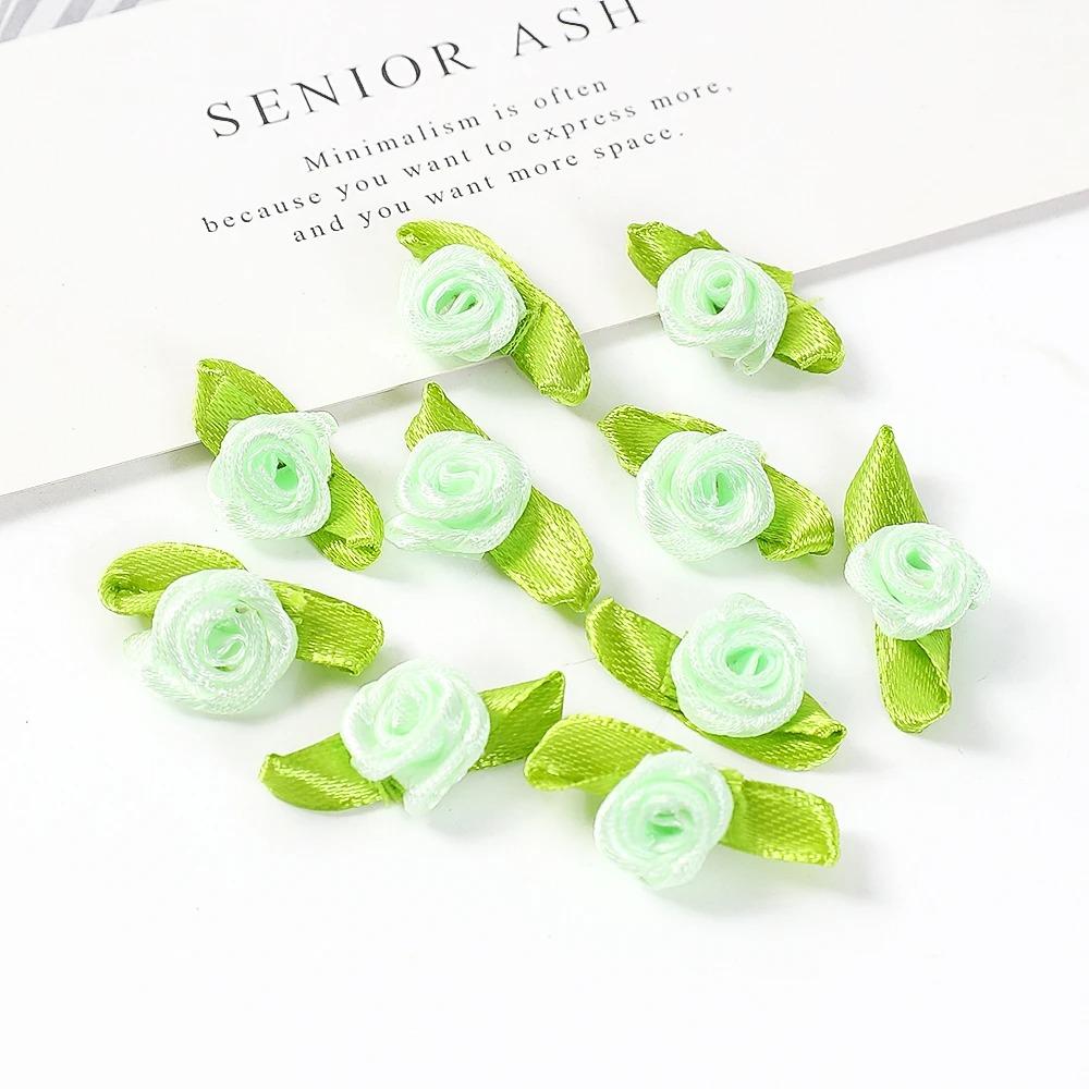 50/100PCS Mini Handmade Rose Flower Satin Ribbon Rosettes Fabric Appliques For DIY Wedding Decoration Craft Sewing Accessories