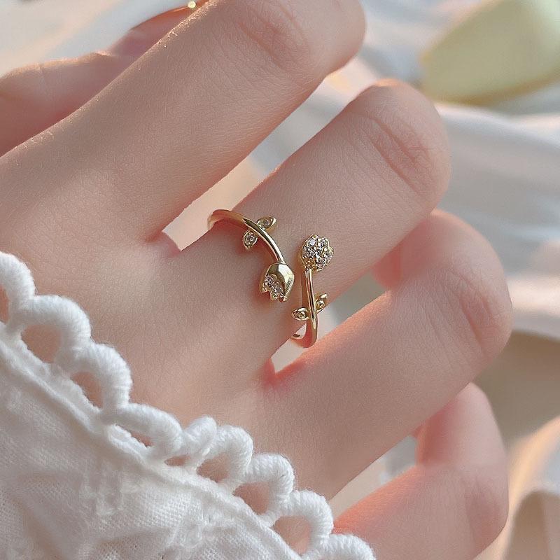 Fashion Luxury Gold Color Tulip Flower Open Ring, Women's Vintage Trend Elegant Temperament Party Zircon Accessories