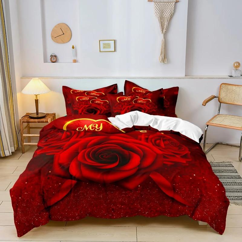3pcs Romantic Valentine'S Day Bedding Set Red Rose Love Floral Duvet Cover Set Gifts for Lover(1 Duvet Cover And 2 Pillowcases)
