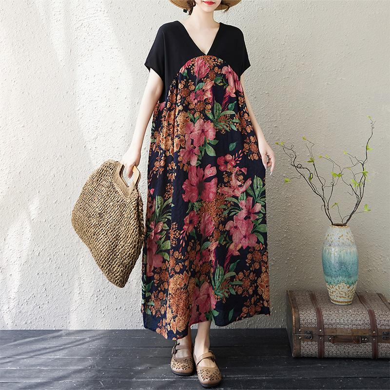 

Dimanaf Новое летнее платье размера плюс 2025 года, свободное женское повседневное платье с V-образным вырезом и коротким рукавом, винтажное платье с цветочным принтом макси One Size красный