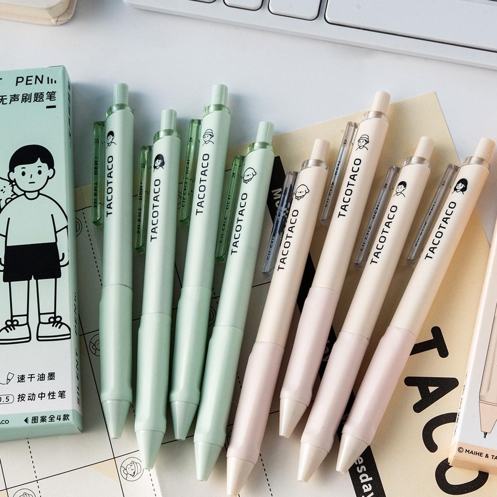 Set 4 buc Pixuri Silențioase Design Desene Animate TacoTaco 0.5mm Pix cu Gel Negru cu Uscare Rapidă pentru Scris Birou Școală