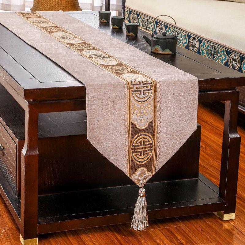 

New Chinese Style Zen Table Runner Modern Minimalist Retro Fabrics Dining Table Tea Table Tea Mat Tea Table TV Cabinet and Tea Table Tablecloth Jin Manxuan (Table Flag)-Brown 33*120cm