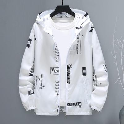 Men Jacket Hooded Zipper Closure Anti-UV Breathable Windproof Daily Wear Elastic Cuff Letter Print Jacket Coat for Daily Life