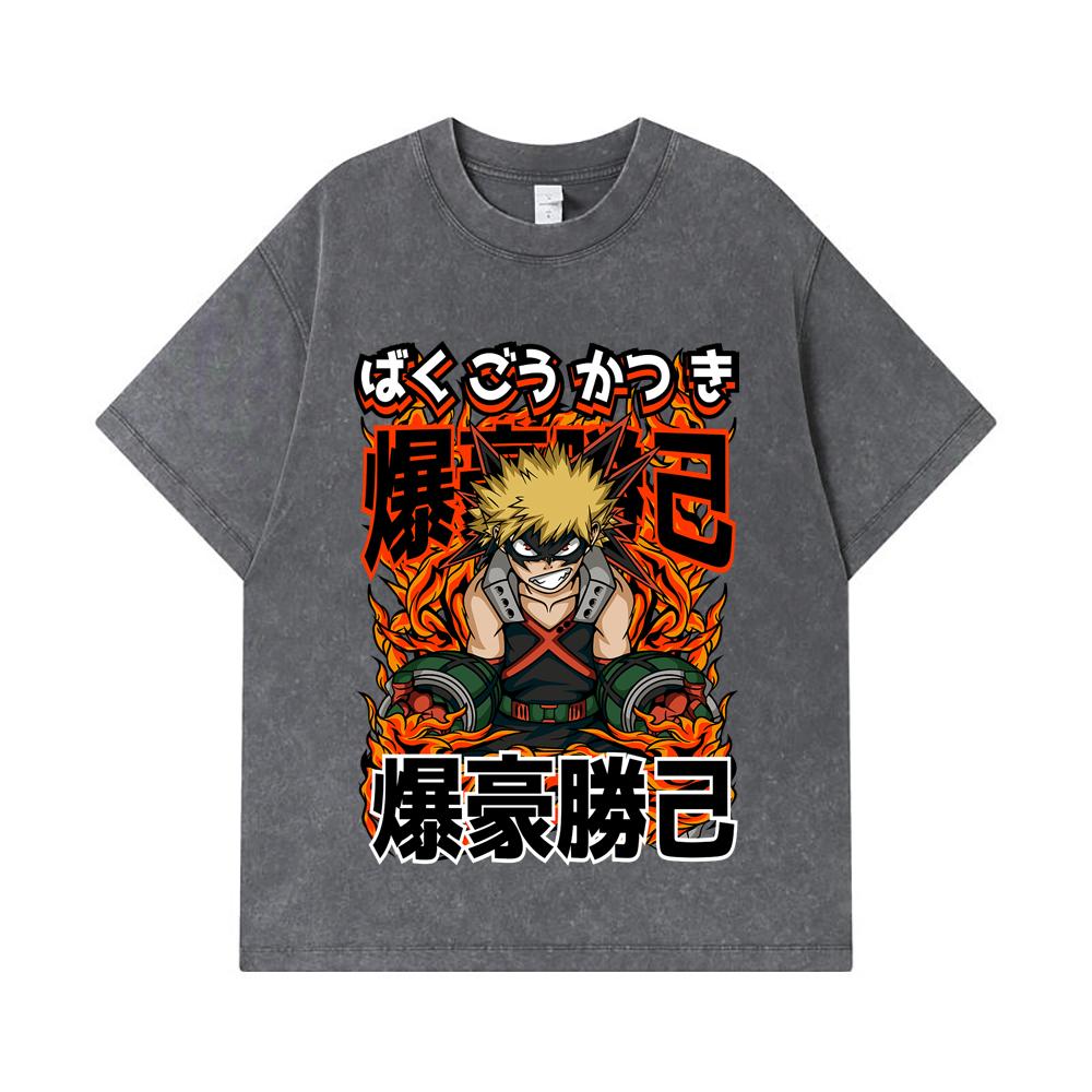 275 GSM Washed T-shirts 100% Cotton My Hero Academia V13 Bakugo Print Unisex Heavy Cotton T Shirt
