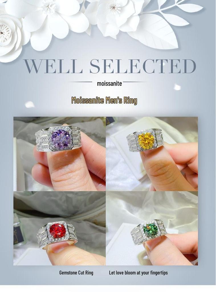 2 Carat Men's Silver-Plated PT950 Luxury Colored Moissanite Ring