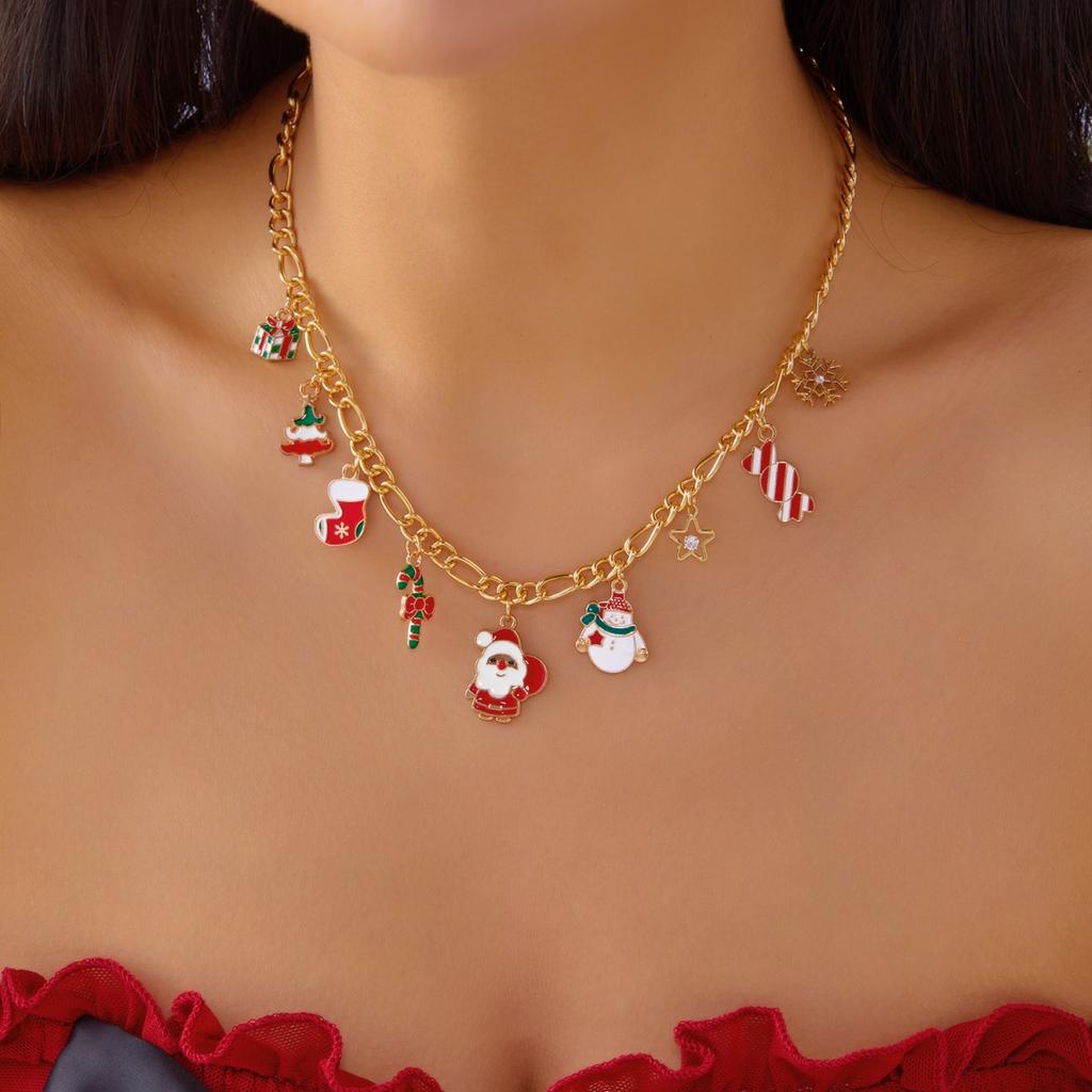 Christmas Snowflake Gingerbread Tree Pendant Necklace Snowman Reindeer Bell Soft Clay Crystal Beads Fringe Choker For Women Men
