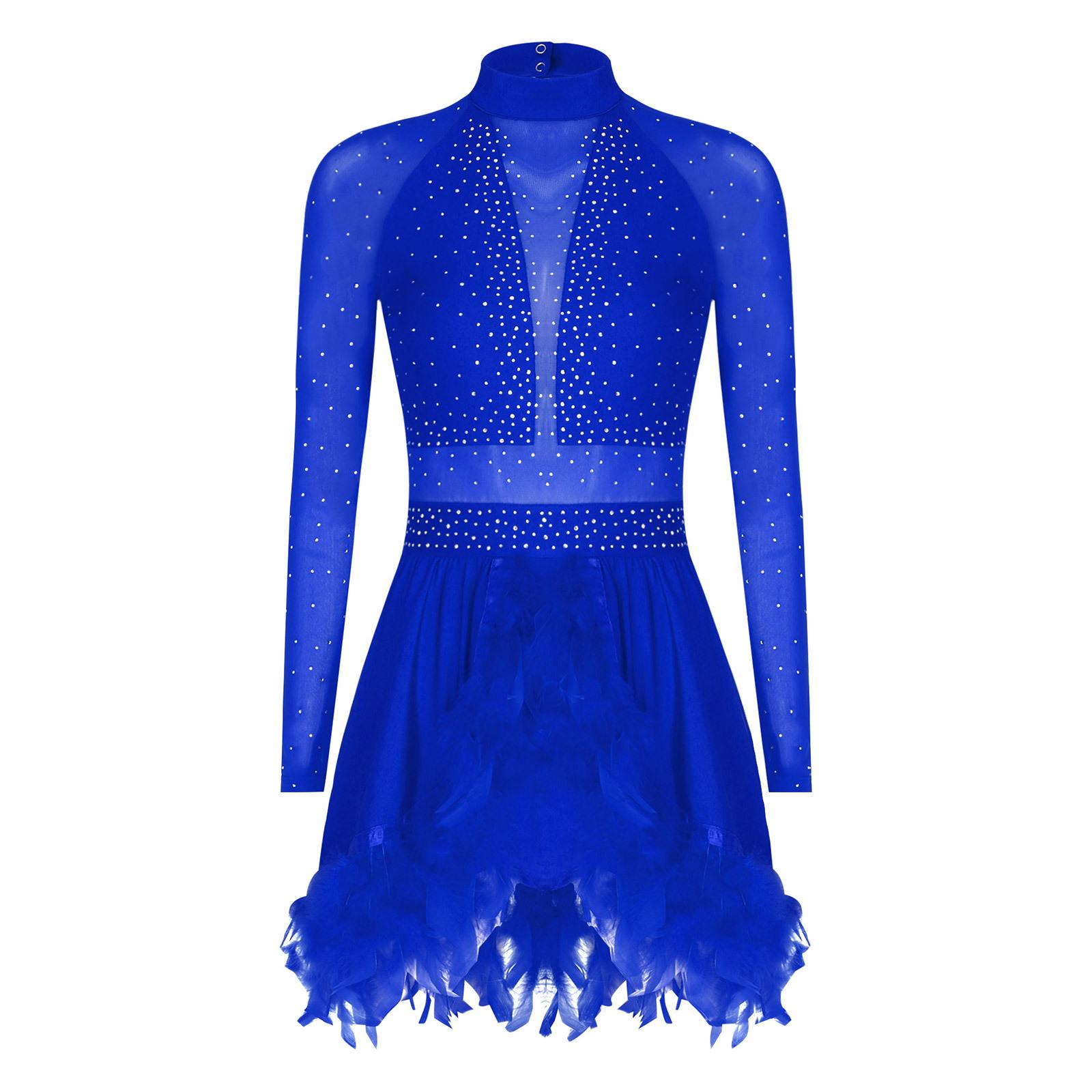 

Жіноча танцювальна сукня для виступів з пір яною облямівкою, прикрашена стразами, з коміром-стійкою та прозорими сітчастими рукавами, з вбудованими трусиками S темно-синього кольору