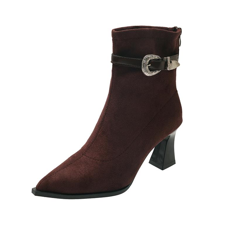 

Модные французские ботильоны на блочном каблуке Женские 2025 Новые осенне-зимние облегающие ботинки Остроносые Ретро на высоком каблуке 35