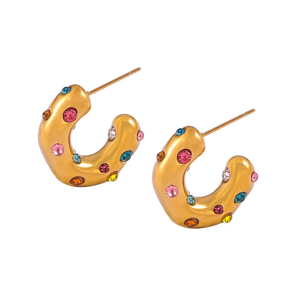 Gold-Plated Titanium Steel C-Shaped Earrings with Imitation Pearl and Zircon Inlays