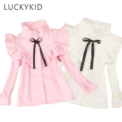 Spring Autumn Girls Blouse School Tops Cotton Turtleneck Long Sleeve White Blouse Fashion Classic Children Teenage Clothing 3-16Yrs
