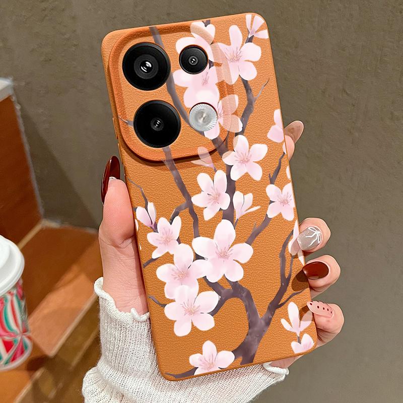 Hand-drawn Style Sakura Pattern Case For Xiaomi 14T 13T 11T Pro Funda Redmi Note 14 13 Pro 5G 12 11 Leather Texture Silicone Cover