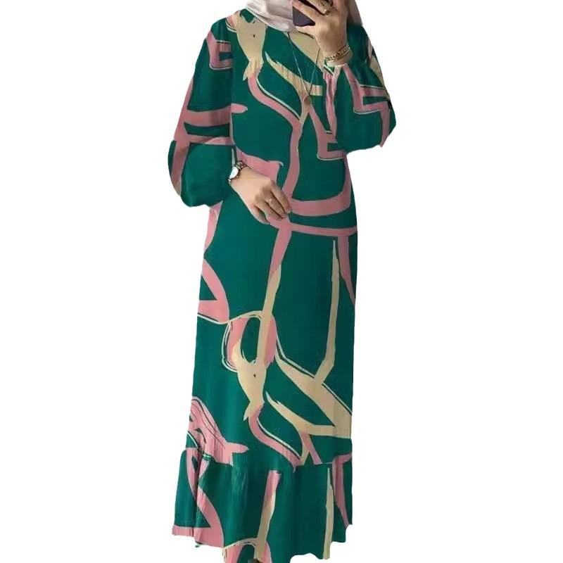 Retro Puff Sleeve Printed Ruffle Pocket Dress for Muslim Women - Middle East Spring & Autumn Long Robe