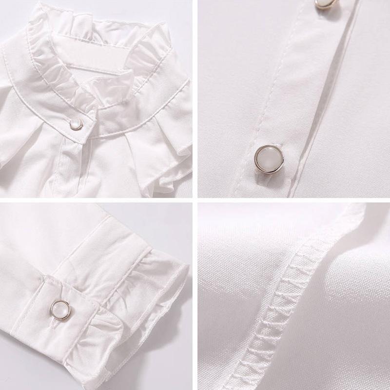 Moda Dojazdy Falbanki Szyfonowe Koszule Wiosna Jesień Nowa Elegancka Bluzka Office Lady Jednolite Stójka Uniwersalna