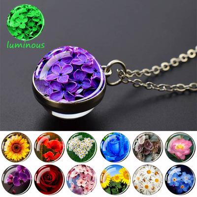 Flower Necklaces Rose Lotus Cherry Blossoms Sunflower Necklace Women Glass Ball Pendant Glow In The Dark Jewelry Gift