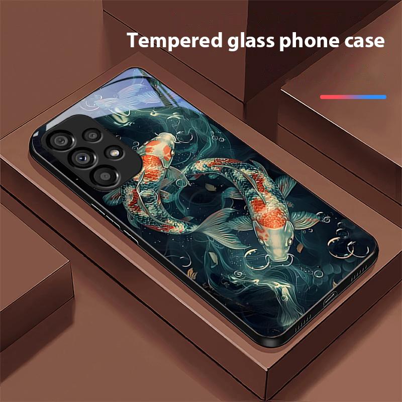 Chinese Wind Fish For Samsung Galaxy S 8 9 10 20 Plus 21 FE 22 23 24 Ultra S7 Edge Black Tempered Glass Phone Case Hard Shell