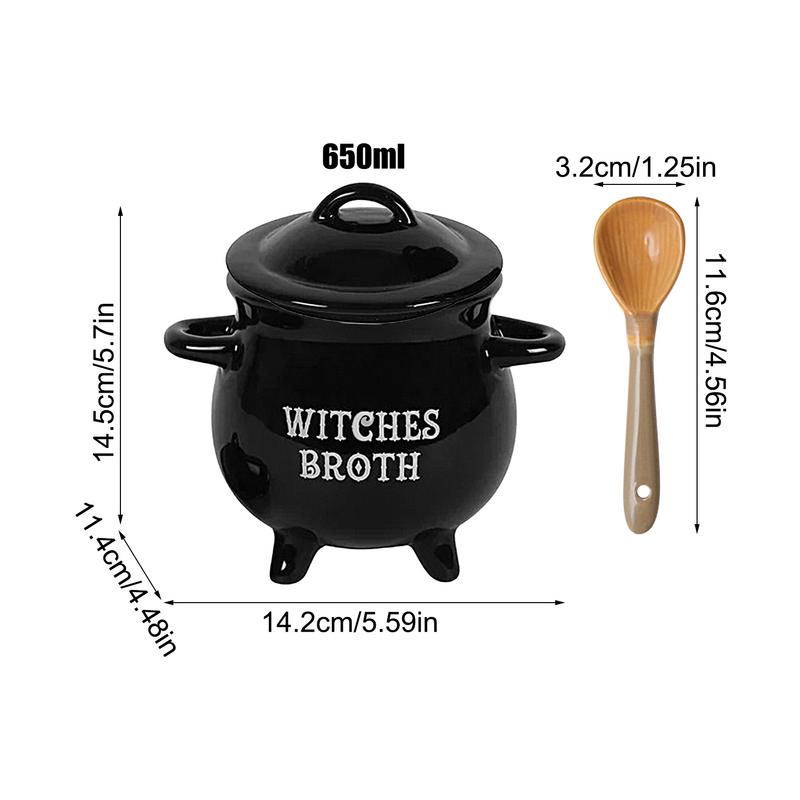 Witch Cauldron Witch soup pot ceramic bowl with soup spoon Halloween Ceramic Stew Crock black soup bowl For Family Gatherings