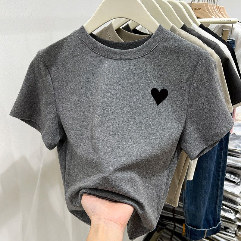 

Korean-Style Orange Round-Neck Short-Sleeve T-Shirt for Women, Summer Slim-Fit Chic and Stylish Crop Top for Petite Figures Dark Gray [Black Heart] XXL