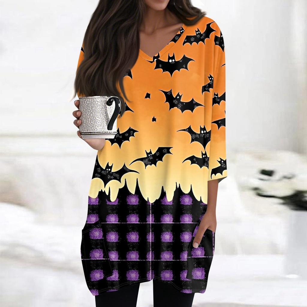 Womens Tops V-neck 3/4 Sleeve Blouses Casual Mid-length Shirts Fashion Halloween Print Tunic Tops With Pockets