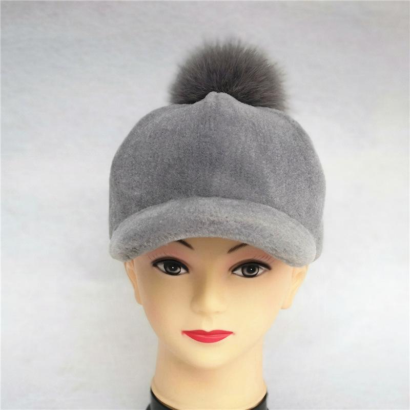 Gorra con visera para esquilar ovejas para otoño e invierno para mujer, nuevo gorro cálido de lana, gorro de piel con bola de piel de zorro real