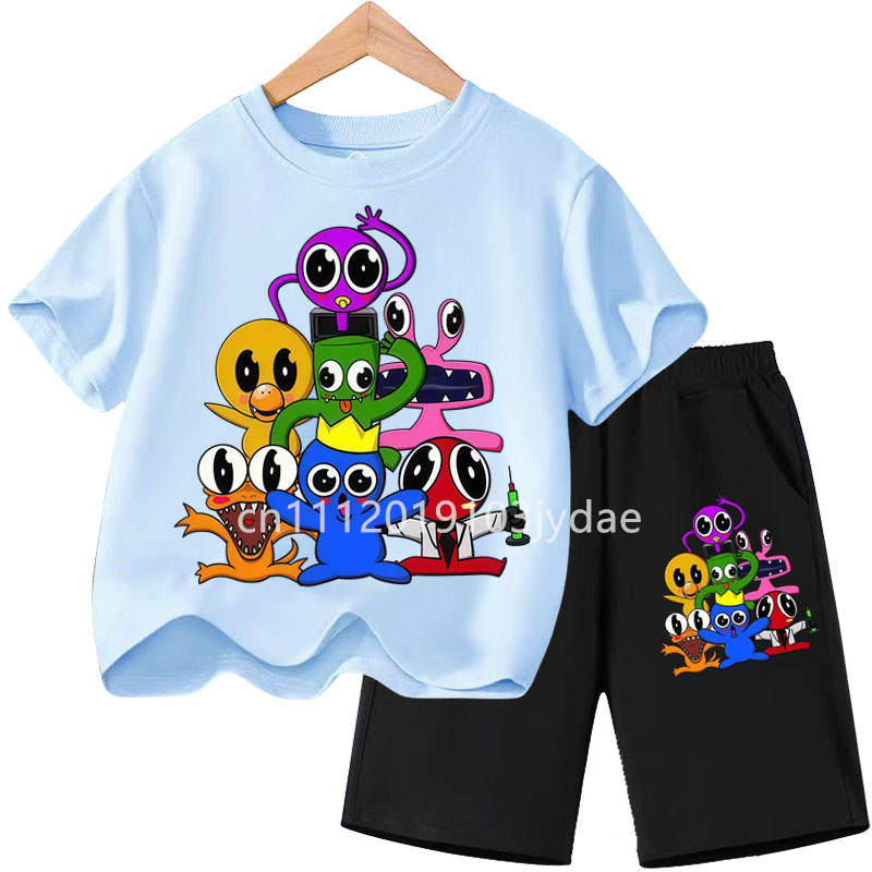 Girls Boys Summer Short Sleeve Tshirt Set Cartoon Tee Tops Game Anime Shirts Kids Rainbow T-shirt