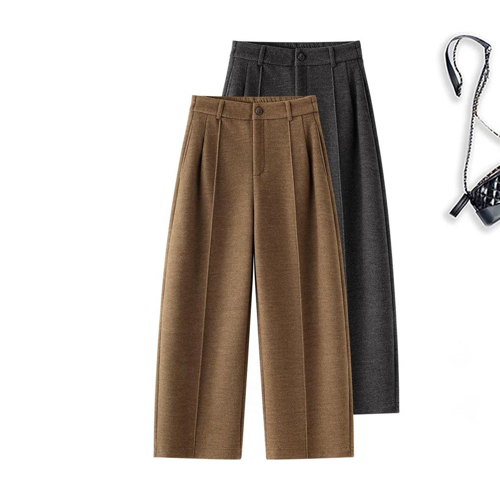 Women's Plus Velvet Wool-Blend Wide-Leg Scimitar Pants - Winter Warm, Thick, Short-Length, Straight-Cut, Nine-Point Casual Style