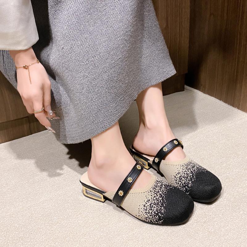 Fashion Spring New Baotou Slippers Women's Fashion Round Head Mesh Cloth Breathable Anti-slip Low Heel Slippers