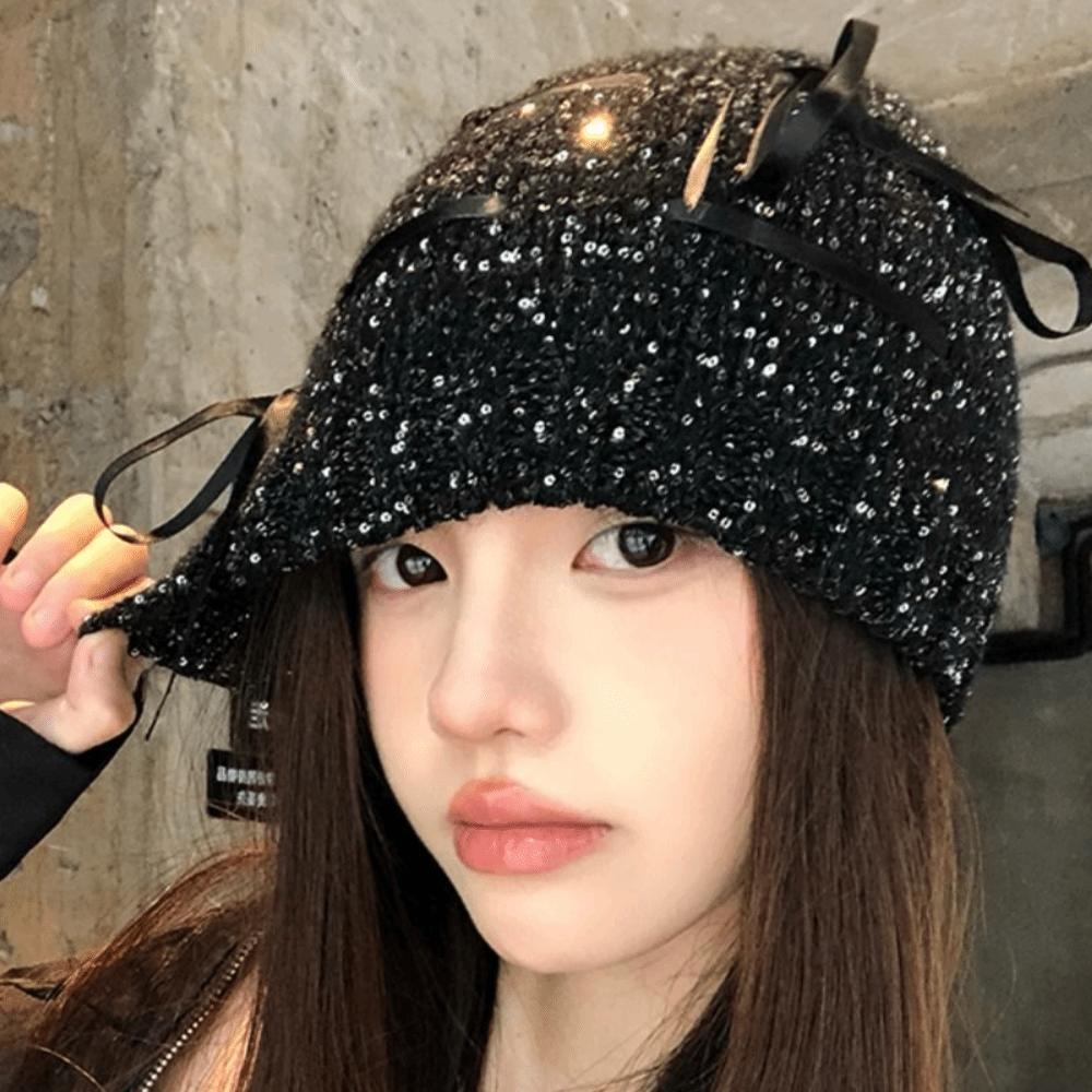 Hollow Sequin Knitted Hat Vintage Woven Cap Retro Beanie Hat  Autumn