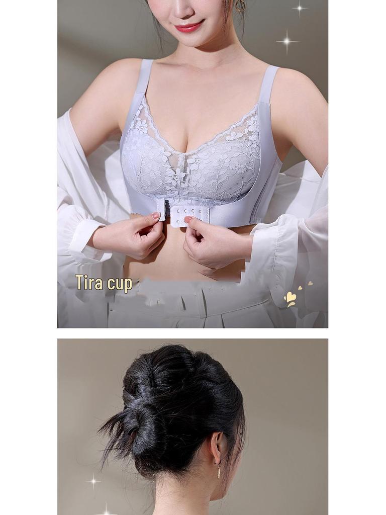 Women's Front Buckle Push-Up Lace Bra with Side Support, Anti-Sagging for Small Chest