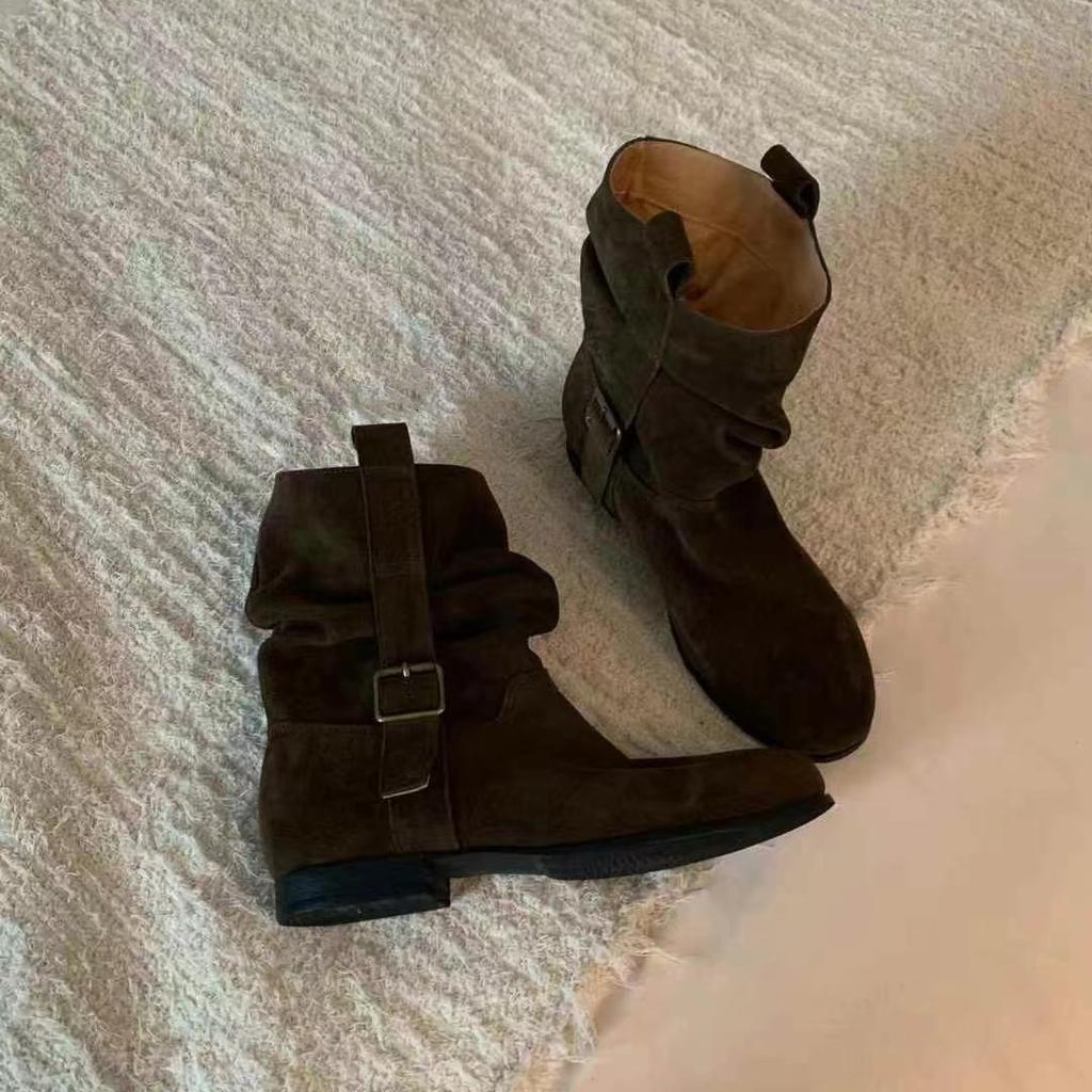 Sheepskin version~ Korean version of handmade pleated stacking boots medium boots women's new thin boots thick heel western cowboy boots