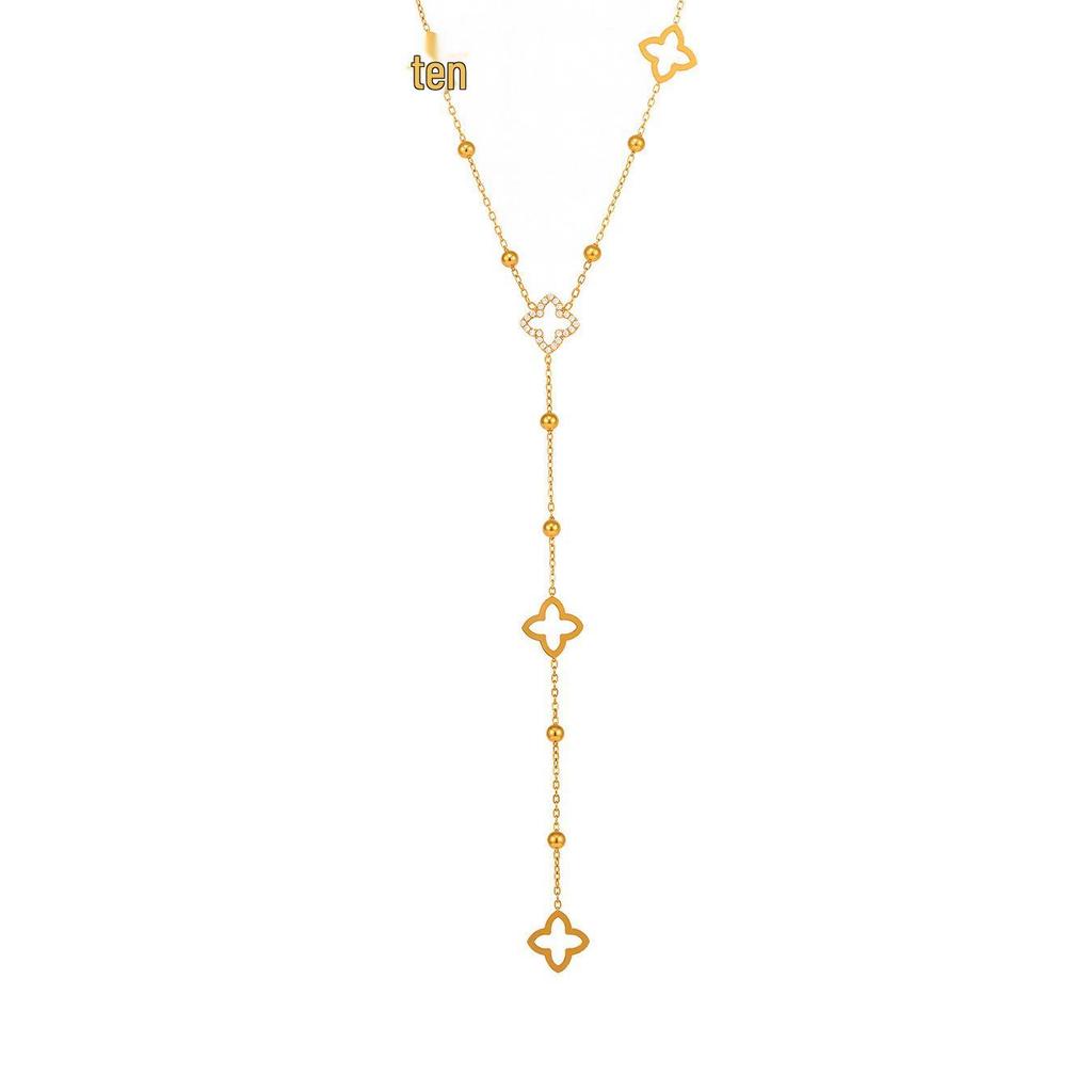 Qiong Yao 5A Zircon Clover Gold Bean Tassel Double Layer Stackable Clavicle Chain Necklace