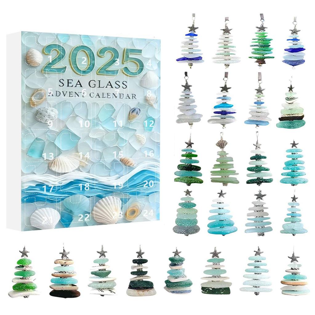 Sea Glass Christmas Tree Xmas Countdown Calendar with 24 Mini Christmas Tree Ornaments Holiday Countdown Calendar for Tree Decor