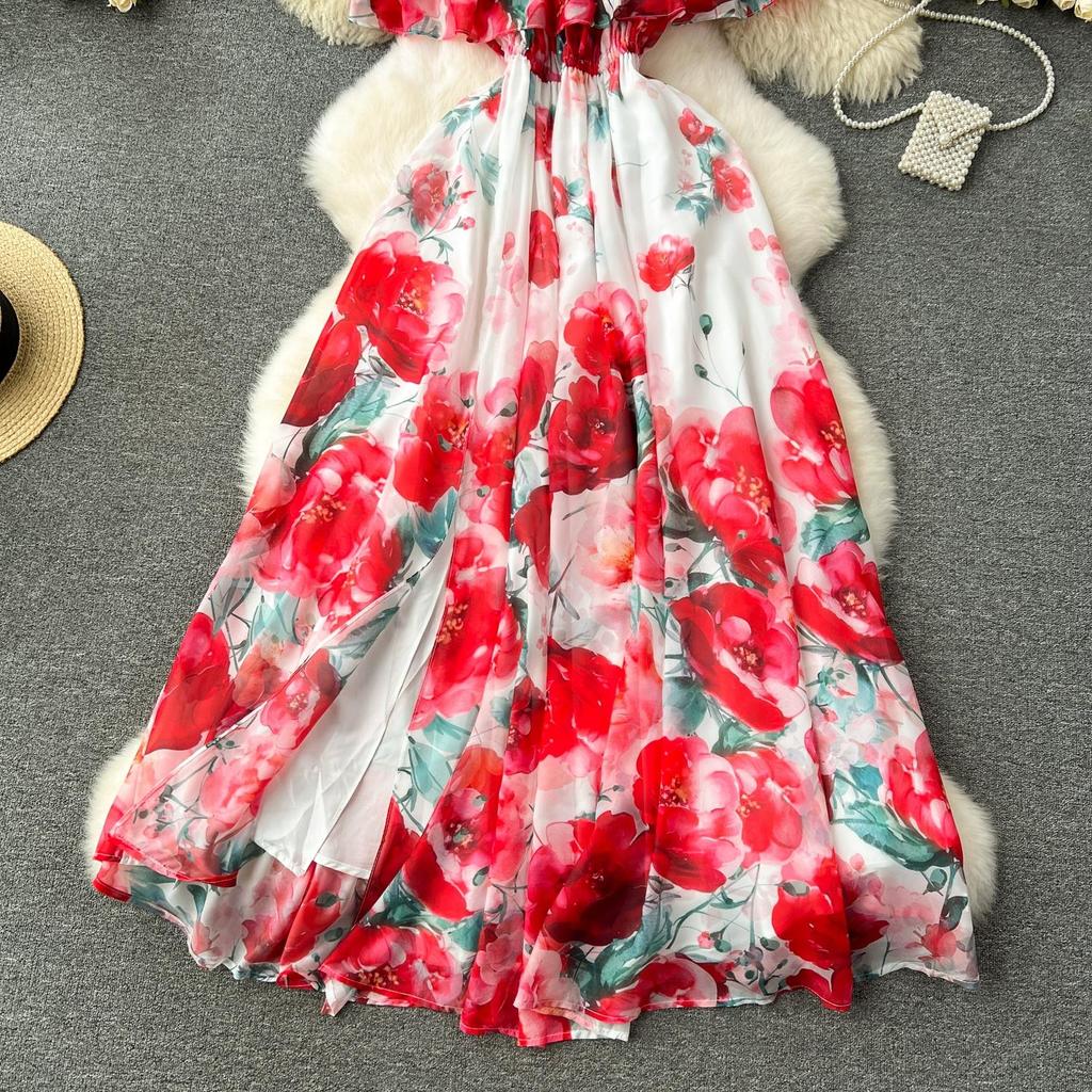 Sommer Off Schulter Wunderschöne Blume Urlaub Chiffon Kleid Frauen Slash Neck Floral Print Elastische Taille Lange Roben