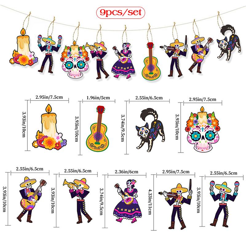 9 Stück Mexikanischer Tag der Toten Anhänger Aufhänger Schädel Horror Aufhänger Todestag Halloween Weihnachtsfeier Dekorationen