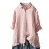Women's Cotton And Linen Shirt Solid Color Lapel Button Up Shirt Upper Hem Short Sleeve Loose and Casual Top Autumn Streetwear