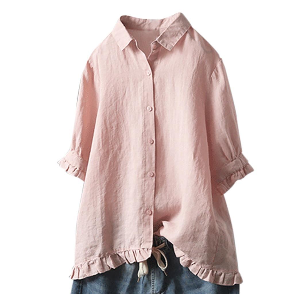 Women's Cotton And Linen Shirt Solid Color Lapel Button Up Shirt Upper Hem Short Sleeve Loose and Casual Top Autumn Streetwear