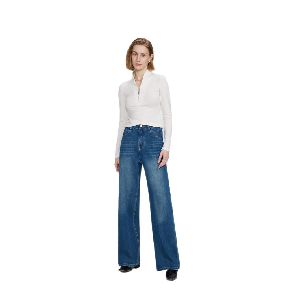 New retro versatile loose pear-shaped exclusive Lyocell four-sided elastic high-waisted wide-leg jeans for women