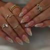 Almond Shape French Tip Press On Nails with Gold Edge & Bow, Elegant Daily False Nails