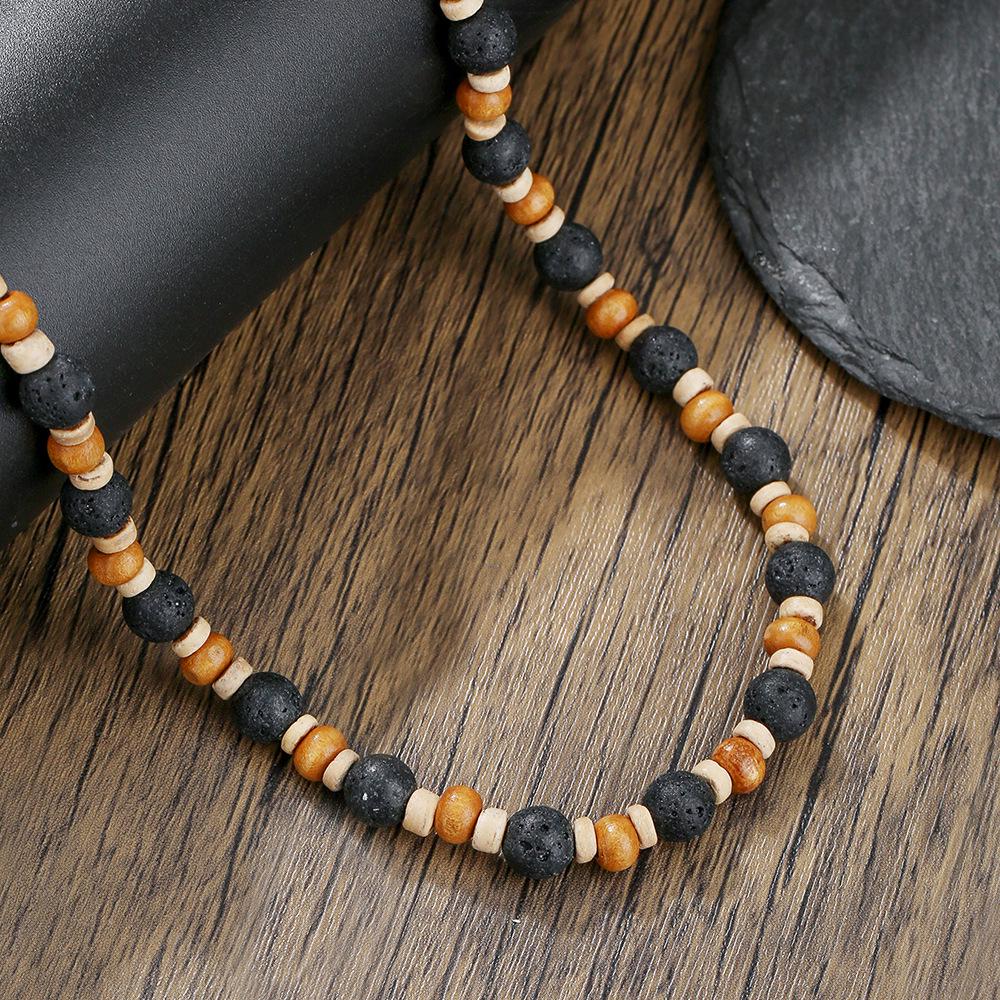 Herren Retro Vulkanstein & Holzperlen Patchwork Schlüsselbein-Halskette