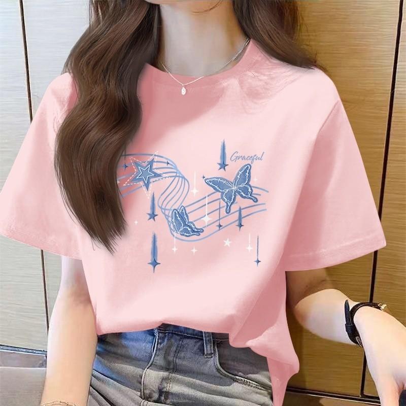 Women's short sleeved trendy T-shirt with bow print, women's loose round neck top