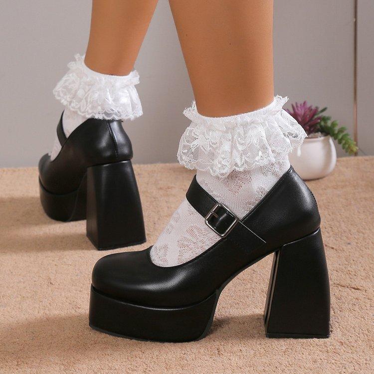 Mary Jane Single Shoes Women's Platform Korean Version Retro High-heeled College British Style Big Head Buckle Small Leather Shoes