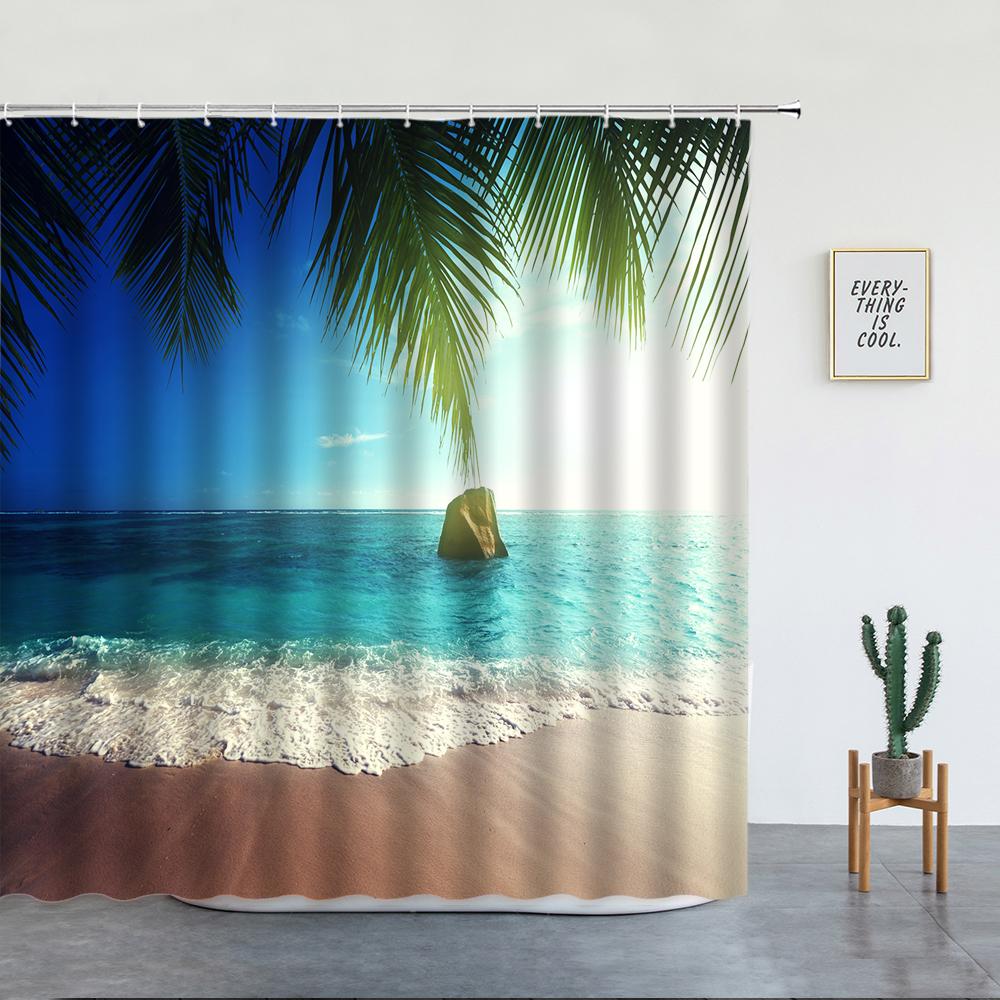 Beach Palm Trees Shower Curtains Sunset Island Hawaii Ocean Natural Landscape Polyester Bathroom Decor Cloth Bathtub Curtain Set